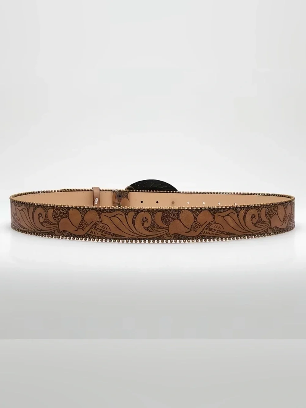 Western Floral Tooled Brown PU Leather Belt with Turquoise Accent